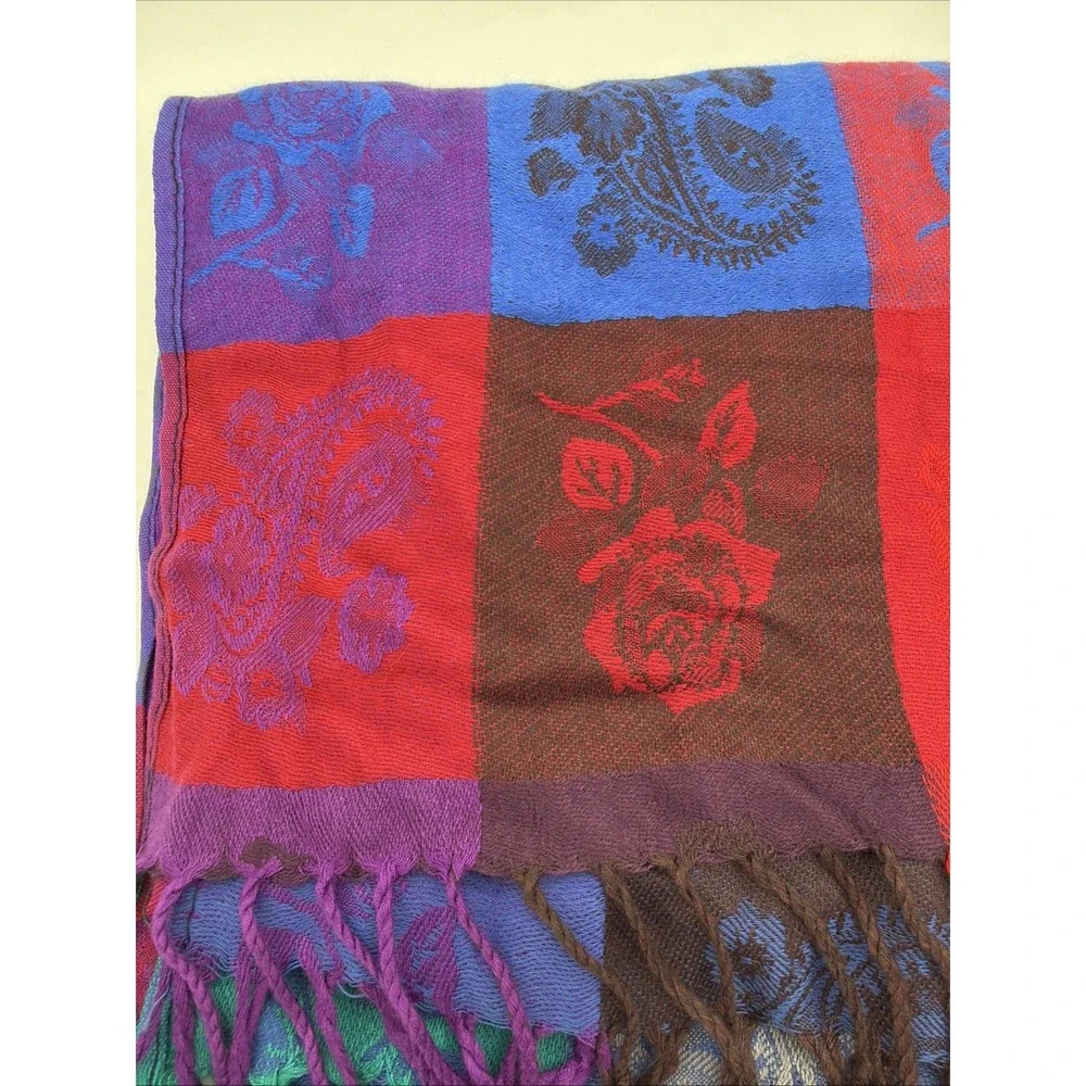 100% Cashmere Shawl Wrap Patchwork Rose Paisley Scarf Fringed Quiet Luxury 80x26